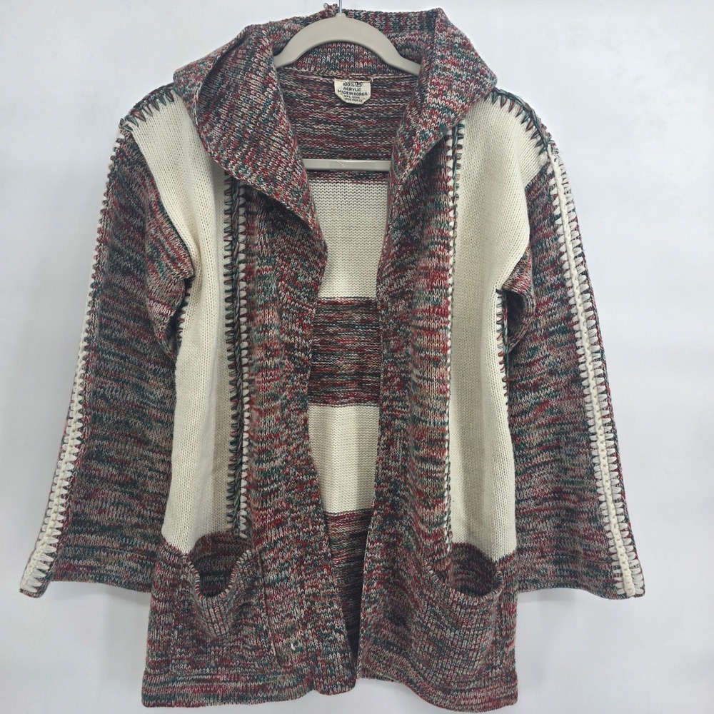 Vintage Patchwork Knit Hooded Cardigan Sweater Cream Red Green Boho‎ Size M